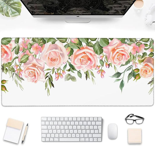 Gaming Mouse Pad, Watercolor Rose Flower Floral Large Desk Mat for Keyboard and Mouse,Non-Slip Rubber Base and Stitched Edges Desk Pad for Home Office 35.4x15.7in