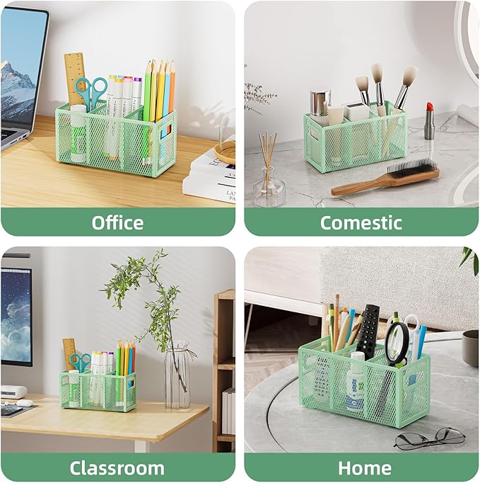 Marbrasse Mesh Pen Holder for Desk,Pencil Holder Desk Organizer 3 Adjustable Compartments,Pencil Cup with Handle Perfect for Classroom, Office, Home,Makeup,Art (Green)