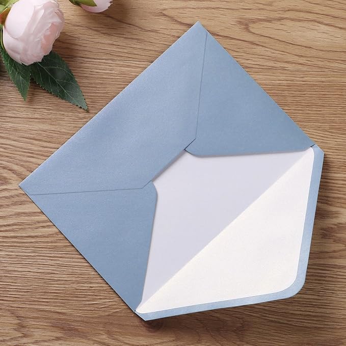 PONATIA 50 Pieces/lot A7 Envelopes, 5.25 X 7.25'' Dusty Blue Envelopes Perfect For 5x7 Weddings Invitation Cards, Graduation, Acrylic Invitations, Photos (Pearl White Liner + Dusty Blue)