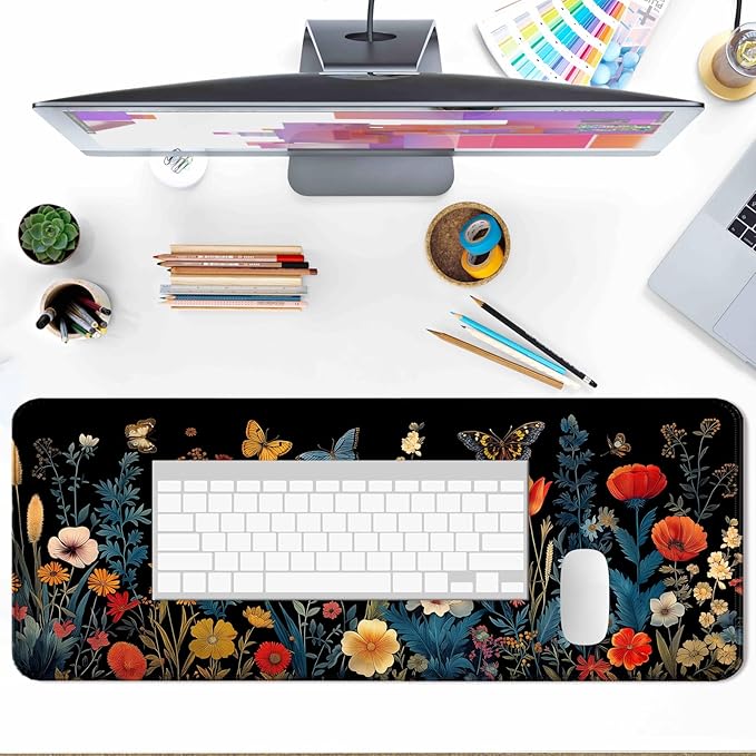 Pretty Butterfly Floral Desk Mat,Large Garden Flowers Plant Gaming Mouse Pad, Computer Keyboard Laptop Mousepad for Work, Game and Office, XL,Black