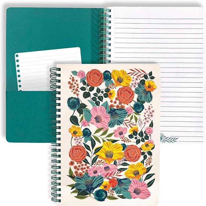Steel Mill & Co Cute Floral Mini Spiral Notebook, 8.25" x 6.25" Journal with Durable Hardcover and 160 Lined Pages, Garden Blooms (Cream)