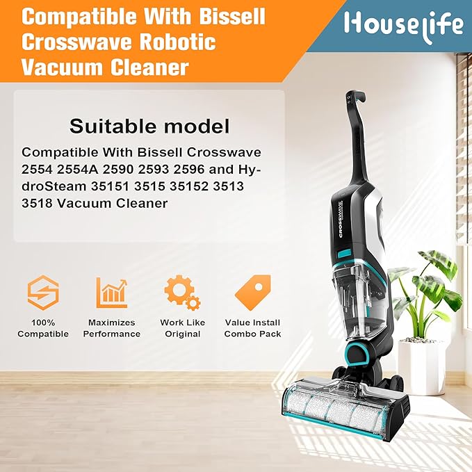 4 Brush Rolls and 2 HEPA Filters Replacement Parts Compatible with Bissell CrossWave 2554 2554A 2590 2593 2596 and HydroSteam 35151 3515 35152 3513 3518 Cordless Wet Dry Vac