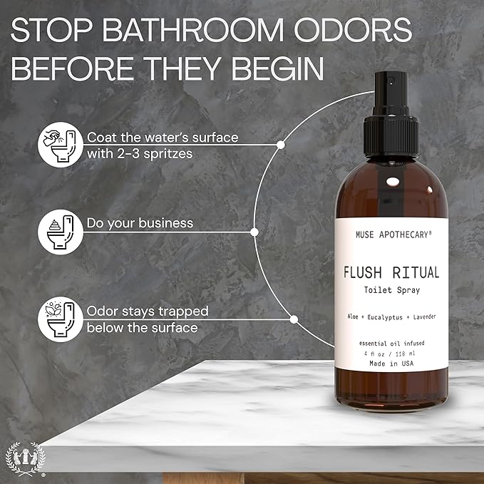 Muse Apothecary Flush Ritual - Aromatic & Refreshing Toilet Spray, Use Before You Go, 4 oz, Infused with Natural Essential Oils - Aloe + Eucalyptus + Lavender, Pack of 3