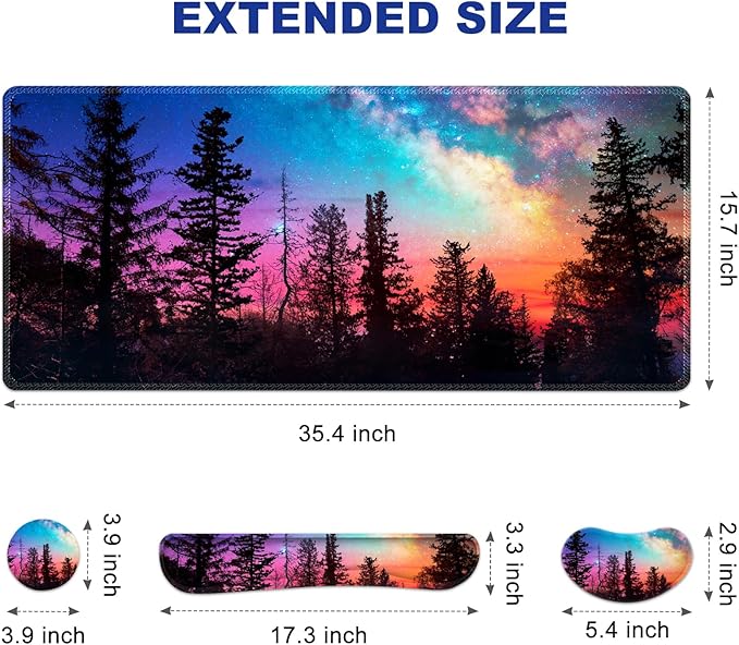 Keyboard Mouse Pad Set, Extended Gaming Mouse Pad +Keyboard Wrist Support +Mouse Wrist Rest +Coaster, 35.4x15.7 in XXL Large Ergonomic Desk Mat 4in1 Set for Home Office, Starry Forest