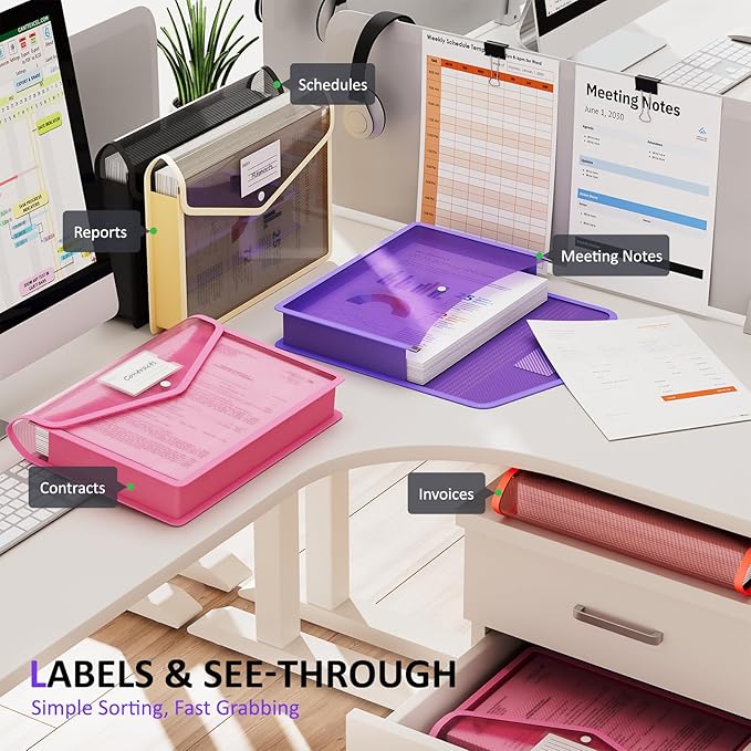 ThinkTex Plastic Expanding File Folder, Transparent Envelopes with Snap Closure,Suitable for Home, Office, School and Hospital, Large Capacity，No Dividers, 5 Colors, Fit Letter/A4 Size-10 Pcs