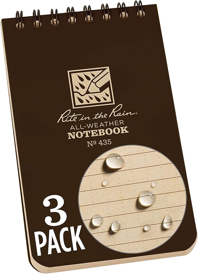 Rite in the Rain Weatherproof Top Spiral Notebook, 3" x 5", Brown Cover, Universal Pattern, 3 Pack (No. 435-3)