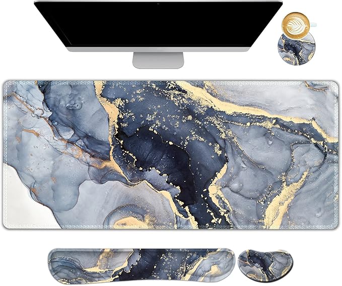 ARTSO Large Gaming Mouse Pad, Keyboard Wrist Rest Pad & Wrist Support Mousepad Set, Stitched Edge, Extended, Non-Slip Base, Memory Foam,Multifunctional Desk Mat 4pcs for Office & Home, Gilt Marble