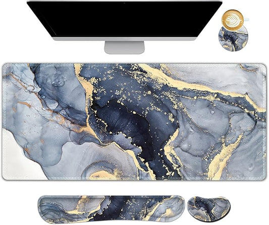 ARTSO Large Gaming Mouse Pad, Keyboard Wrist Rest Pad & Wrist Support Mousepad Set, Stitched Edge, Extended, Non-Slip Base, Memory Foam,Multifunctional Desk Mat 4pcs for Office & Home, Gilt Marble