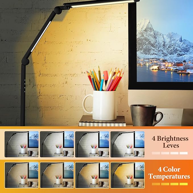 LED Desk Lamp for Home Office,Creative Touch Reading Light, with Memory Dual Light and Adjustable Swing Arm,15W 4 CCT Eye-Care Modes & 4 Brightness Levels Table Lamp with USB Charging Ports-Black