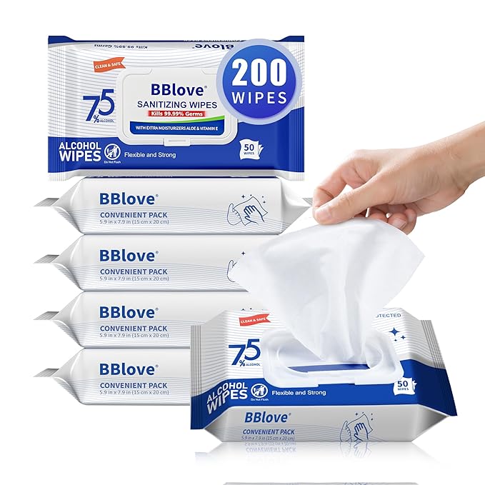 75% Alcohol Wet Hand Sanitizing Wipes – 4 Packs of 50 Count (200 Total Wipes) Moisturizing Aloe Vera Formula Travel Size for Home Office School On-The-Go