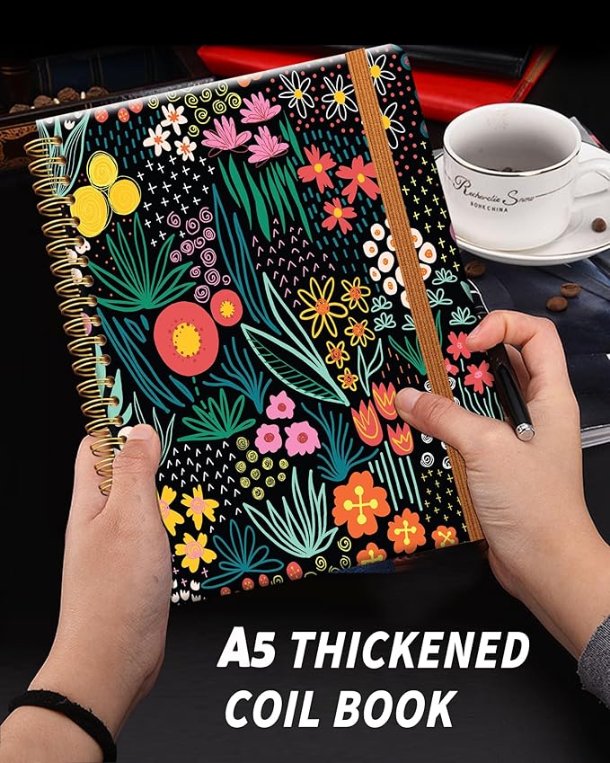 Ruled Spiral Writing Notebook,A5 Hardcover Lined College Journal for Women Lady Girl,Strong Twin-Wire Binding with Premium Paper,8.4" X 6",Perfect for School,Office,Home Gifts(bright colorful flower)