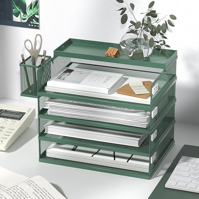 Metal Stackable Letter Trays, 4-Tier Desk Organizer & Paper Trays for Office, Stackable File & Document Tray with Magnetic Labels,Green