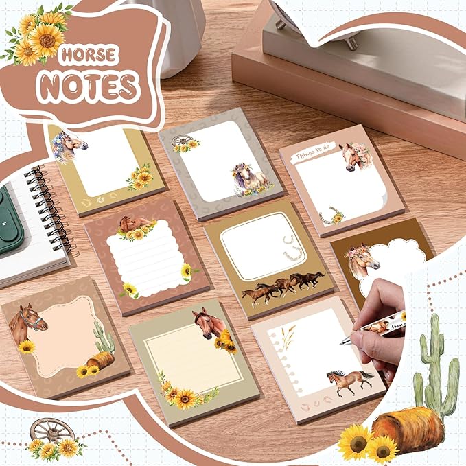 Sabary 9 Pads Cute Sticky Notes Animal Sticky Note Pads 3.15 x 3.94 Inches Colored Adhesive Memo Reminder Decor for Journal School Office Gifts(Horse)