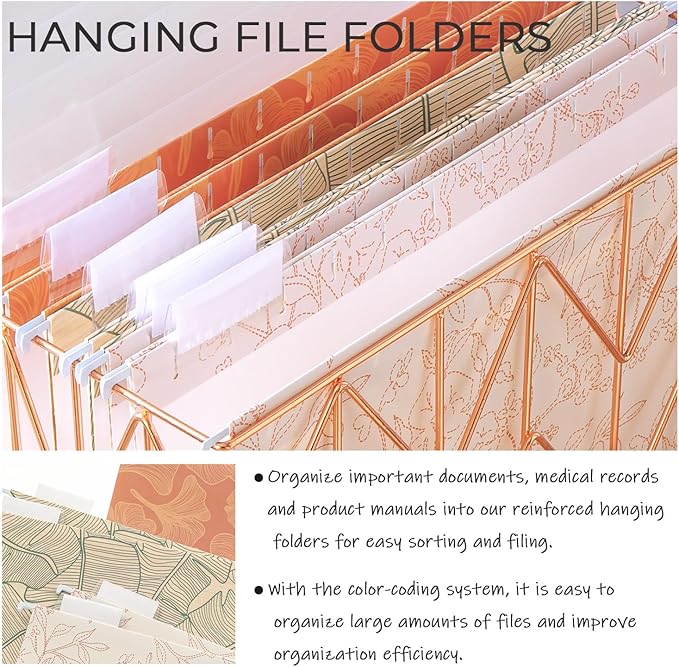 6 Pack Hanging File Folder Letter Size Reinforced Hanging Folders with 1/5-Cut Adjustable Tabs File Folders for Filing Cabinet Organizer for Office Home, Plant Line Design