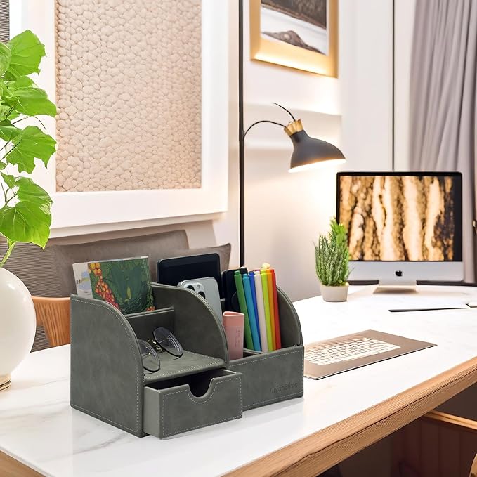 UnionBasic Desk Organizer, Multi-functional Leather Desktop Office Organizer, Pen Holder - Business Card/Pen/Pencil/Mobile Phone/Stationery Holder Storage Box, Taiga Dark Grey