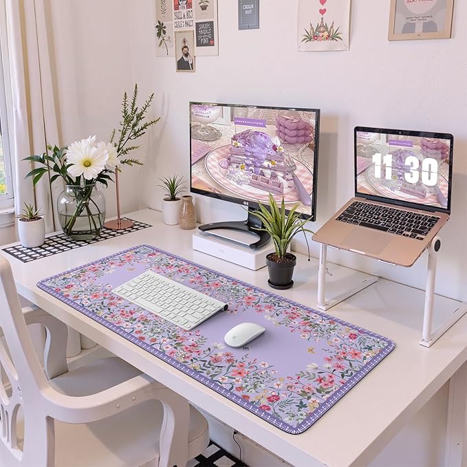 HAOCOO Purple Desk Mat for Keyboard and Mouse, Floral Keyboard Mat with Edge Stitching, Non-Slip Large Mouse Pad for Desk for Gaming,Women Office