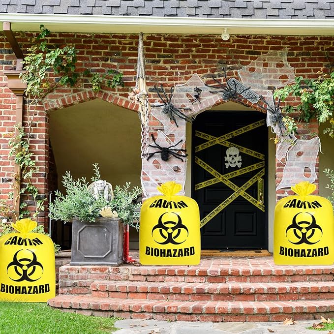 Qilery 8 Pcs Large Halloween Leaf Trash Bags Outdoor Plastic Lawn Waste Bags Biohazard Party Trash Bag Halloween Garden Outdoor Biohazard Zombie Party Decorations