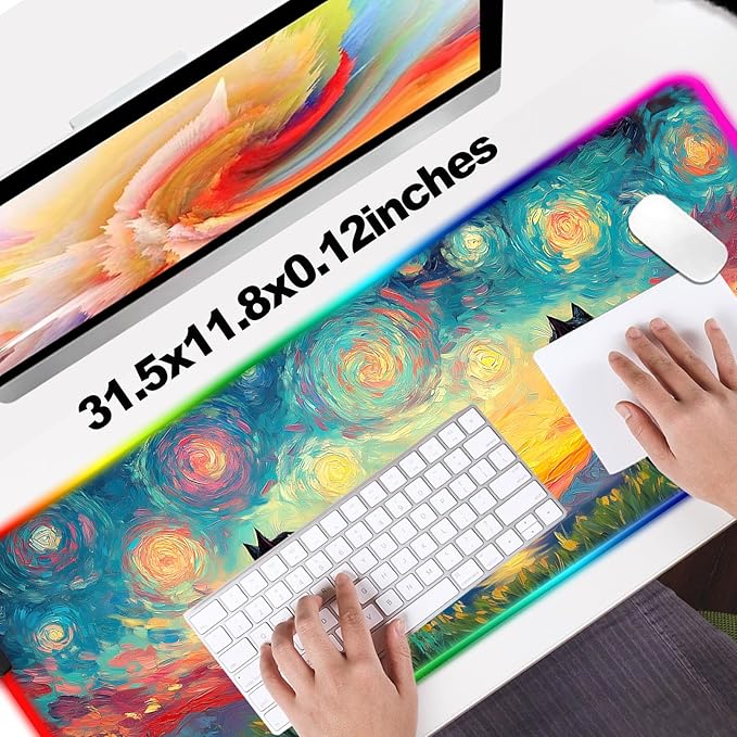 RGB Cute Black Cat Fantasy Starry Night Gaming Desk Mat, Computer Keyboard Large Extended Long Animal LED Mouse Pad for Office and Home, XL (W03)