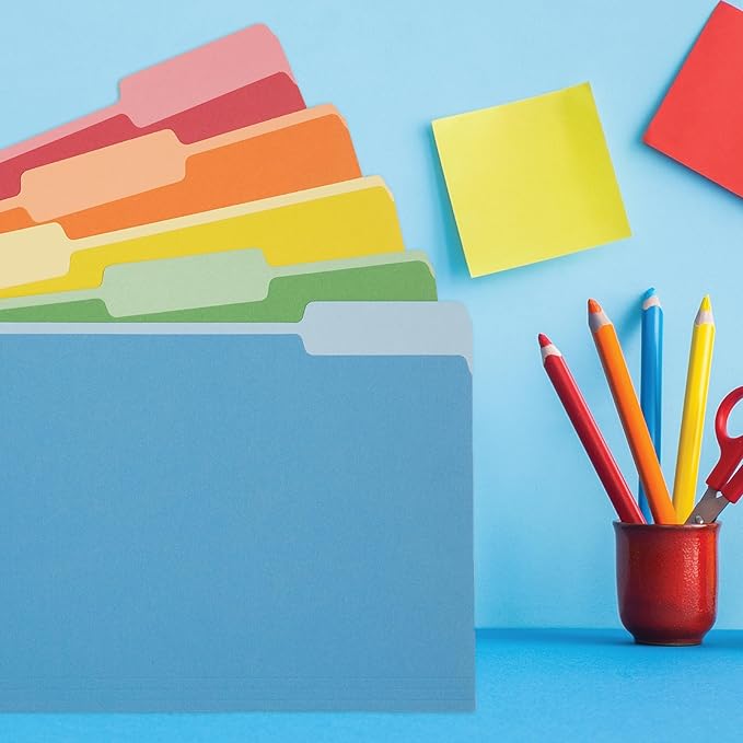 100 Blue Summit Supplies Colorful File Folders with Tabs, Multi Colored File Folders Letter Size, Colored Manilla Folders, Assorted Colors, Durable 11pt Paper, 1/3 Cut Top Tabs, Bulk 100 Pack