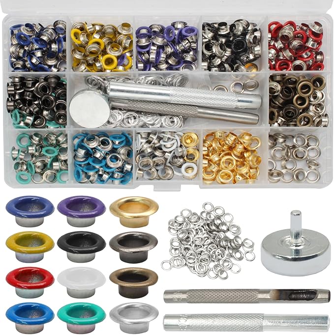 Litoexpe 5MM Grommets Eyelets 600 Pcs, Eyelet Hole Punch Die Tool (Includes Base & Ram), 12 Colors Self Backing Eyelets Kit for Leather Craft Clothing Handbag Fabric Curtain DIY