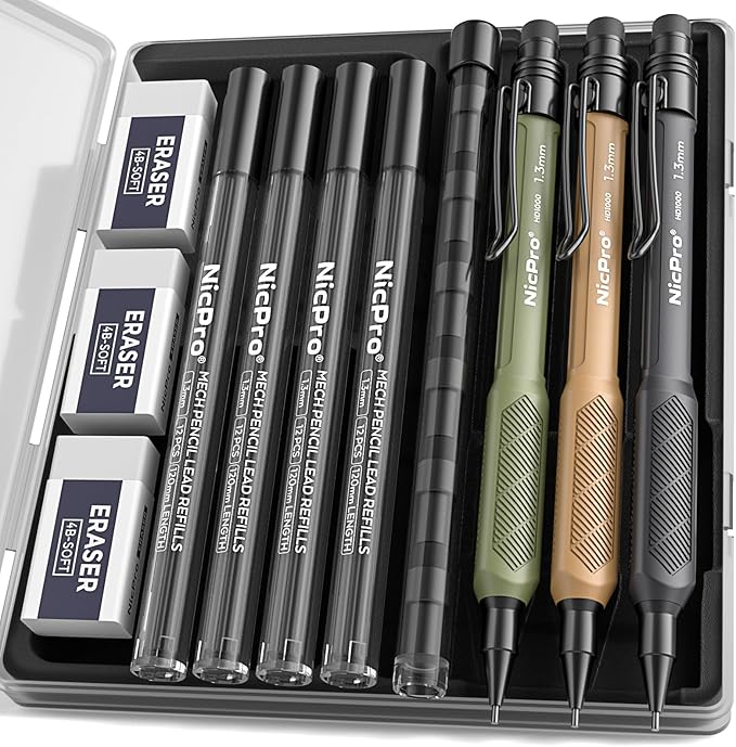 Nicpro 3 PCS 1.3 mm Mechanical Pencils Set 3 Colors with 51 Lead Refill, 3 Eraser - Weatherproof Barrel Pencil, Heavy Duty Carpenter Pencil HD1000 for Outdoor Marking Drafting Drawing Woodworking