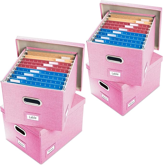 PRANDOM File Organizer Box - Set of 4 Collapsible Decorative Linen Filing Storage Hanging File Folders with Lids Office Cabinet Letter/Legal Size Pink 17.1x14x11.1 inch