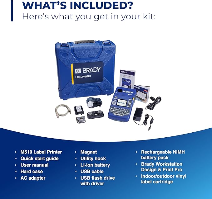 Brady M510 Portable Industrial Label Printer Kit with Carrying Case, Label Cartridge, Rechargeable Battery and Charger, 3.75" H x 5.75" W x 10" D