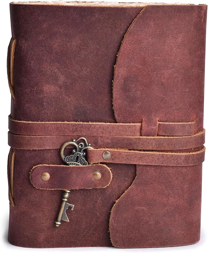 LEATHER VILLAGE Vintage Leather Journal – 200 Handmade Vintage Deckle Edge Paper – Leather bound Journal For Women Men – Vintage Key Closure - Book of Shadows - Red Brown - 6X4 inches (A6)