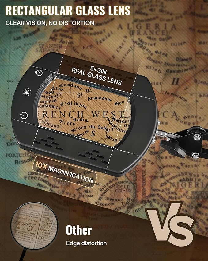 10X Square Magnifying Glass with Light and Stand, 2-in-1 LED Lighted Desk Lamp & Clamp, 5 Color Modes Stepless Dimmable, Hands-Free Magnifier Desk Lamp for Reading Craft Close Work B01DL05