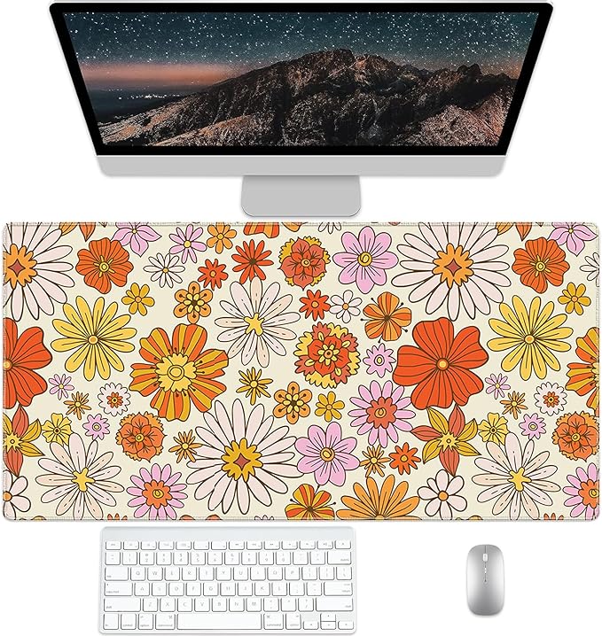 Orange Daisy Desk Protector, Stitched Edges Flower Mouse Mat, Large Office Mat, Non-Slip Blotter, Laptop Desk Pad, Floral Writing Pad for Office and Home (31.5" x 15.7")