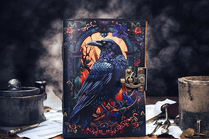 Leather Gothic Journal Magical Raven Notebook book of shadows Mystery Crow Journal Grimoire Witchcraft Spell book Journal Great for Halloween and Raven Lovers Aesthetic Leather Journal gifts for Men and Women (8x6 Inches)