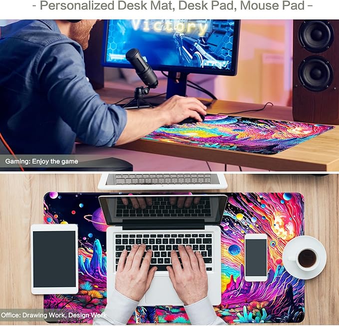 Cyberpunk Astronaut Mouse Pad Desk Mat Fantasy Planet Space Large Gaming Mouse Pad Anime Desk Pad Mousepad XXL Extended Keyboard Mat Futuristic Cosmic Adventure Mouse Mat, Waterproof, 31.5 x 15.7 in