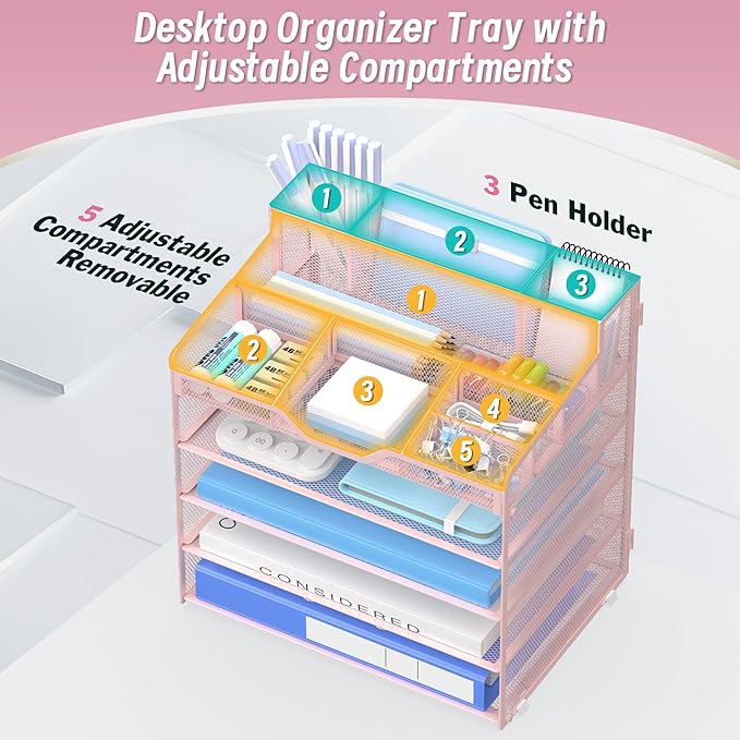 5 Tier Mesh Desk Organizer,Multi Functional Letter Paper Tray with 3 Pen Holders and 5 Adjustable Storage Compartments for Office Supplies Files and Mail Space Saving Desktop Organizer-Pink