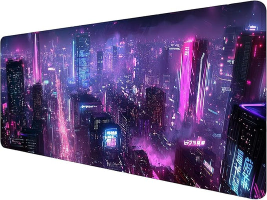 Neon City Gaming Mouse Pad Desk Pad Purple Cyberpunk Night Futuristic Mouse Pad Large Mousepad Extended Laptop Keyboard Mat Gaming Desk Pad Mouse Mat Office Computer Keyboard Laptop Home 31.5"x11.8"