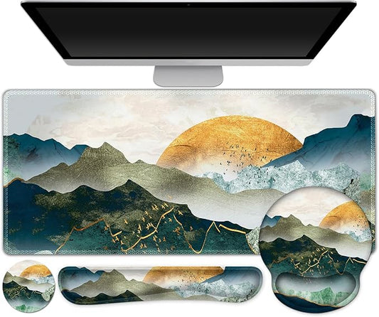 Gaming Mouse Pad, Large Desk Mat, Cute Desk Pad Protector, 4in1 XXL Mousepad +Keyboard Wrist Rest+Mouse Wrist Rest+Coaster Set with Ergonomic Desk Pad for Home Office Table Computer Green Mountain