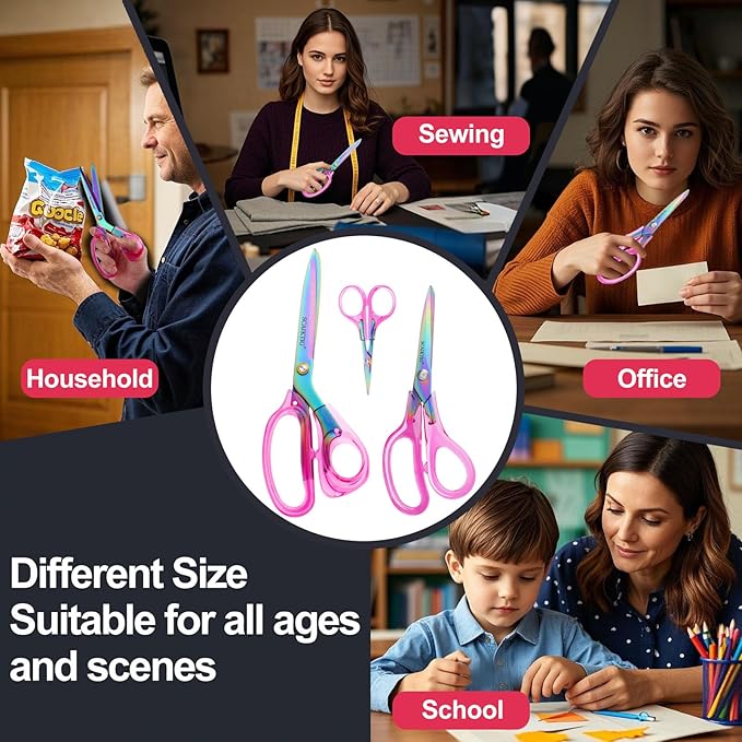 Acrylic Scissors Set, Office Scissors for Desk Heavy Duty, Pink Clear Comfort-Grip Handles and Titanium Coated Blades, Sharp Scissors all Purpose for Sewing, Art, Craft, School, Home Supplies