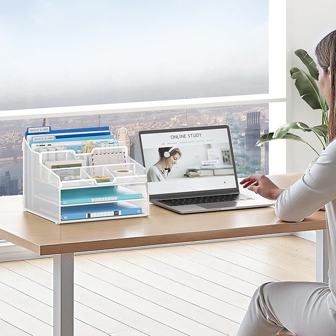 Lavatino Desk Paper File Organizer - Metal Mesh with 2 Letter Trays, 7 Flexible Dividers, 2 Vertical File Folder Holders for Office/Home/Classroom Supplies, Desk Organizers and Accessories, White