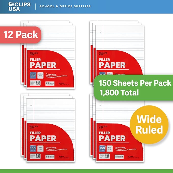 Wide Ruled Notebook Paper, Loose Leaf Paper, 10.5” x 8” Filler Paper, 56 gsm, 1800 Sheets,150 Sheets Per Pack (12 Pack)