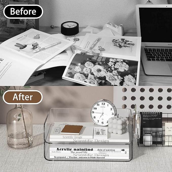 2-Tier Office Organizer with Pen Holder, Stackable Paper Tray for Files, Letters, Books, Clear Paper Folder