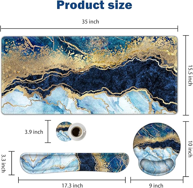 ARTSO Large Mouse Pad Ergonomic Keyboard Wrist Rest Support Set, Memory Foam Gel Wrist Pad, Extended Desk Mat Protector, Non-Slip Desk Blotter, Blue Marble