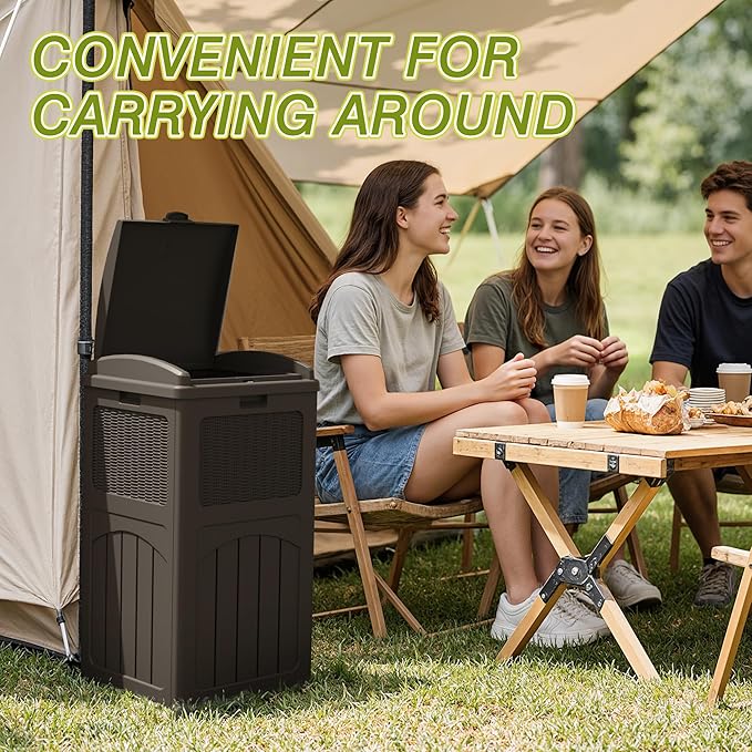Greesum 33 Gallon Outdoor Trash Can with Lid, Waterproof Resin Garbage Bin for Hideaway, Deck, Patio, 3 Pack, Dark Brown