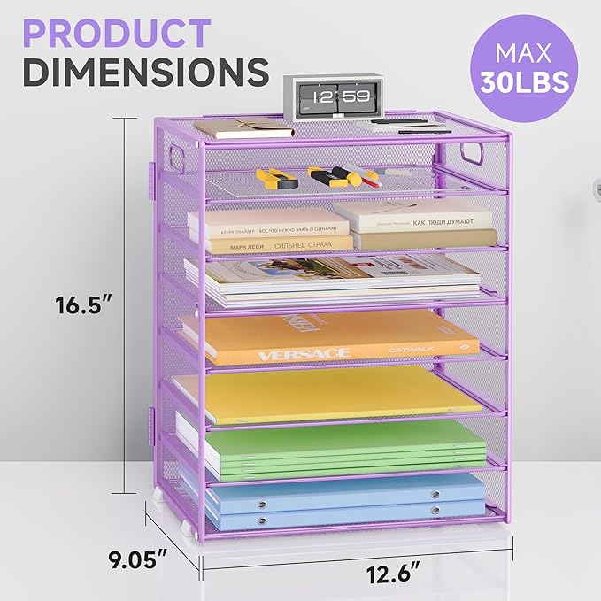 8 Tier Paper Organizer with Handle, Metal Mesh Desk File Organizer, Large Capacity Desk Organizers Paper Letter Tray Desktop Document Sorter for Office, Home or School - Purple