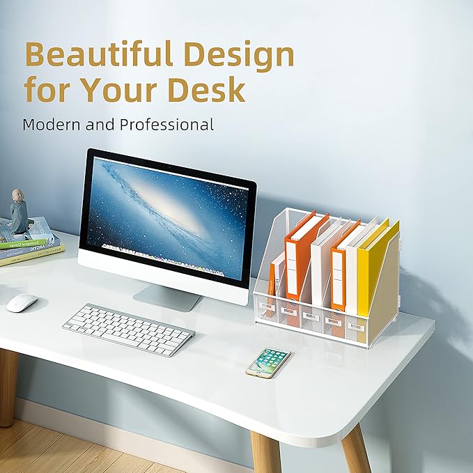 DALTACK Desk Organizers Metal Magazine File Holder with 5 Vertical Compartments Folder Storage Binder Organizer for Office Home School Organization, White Plus