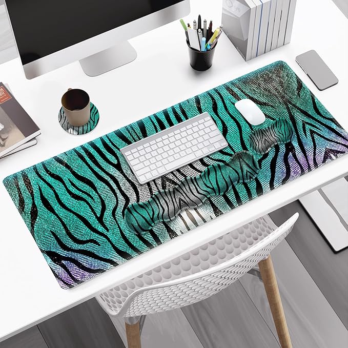 Gaming Mouse Pad Keyboard Wrist Support, 4 in1 Mousepad with Wrist Keyboard Rest, Computer Desk Mat, Non-Slip Desk Pad Protector with Memory Foam Easy Typing Pain Relief I Green Zebra Stripes