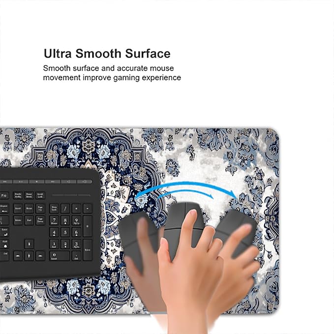 Boho Carpet Style Desk Pad Mouse Pad Bohemian Mandala Blue Mousepad XL Large Gaming Mouse Pad Laptop Keyboard Mat Desk Pad Office Home Decor for Women Girl 31.5"x11.8"