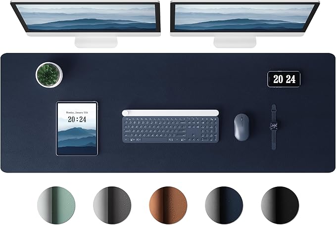 Aothia Leather Desk Pad Protector, Office Desk Mat, Large Mouse Pad, Laptop Desk Pad, Non-Slip PU Leather Desk Blotter, Waterproof Desk Writing Pad for Office and Home (Dark Blue, 47" x 17")