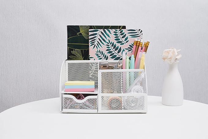 Annova Mesh Desk Organizer Office with 7 Compartments + Drawer/Desk Tidy Candy/Pen Holder/Multifunctional Organizer (White)