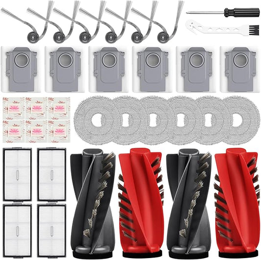 Bpbdzz 34set Qrevo CurvX Accessories for Roborock Saros 10R Robot Vacuum 4 Main Brushes, 4 Filters, 6 Mop Pads, 6 Dust Bags & Scented Tablets, 6 Side Brushes, 1 Cleaning Brush, 1 Screwdriver