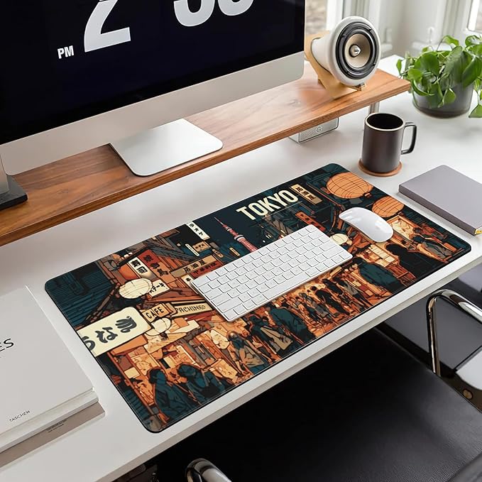Large Gaming Mouse Pad, Japan Tokyo Yokocho Vintage Street Desk Mat for Desktop, Non-Slip Rubber Base Stitched Edges Long Computer Keyboard Mouse Mat Desk Pad for Home Office 35.4"X15.7"