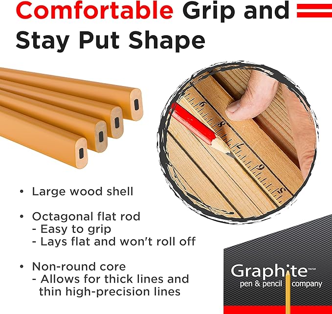 GRAPHITE Hard Lead Carpenter Pencils Bulk - (1) Pack of 12 Pieces Lumber Wooden Pencil #2 (HB) - Yellow